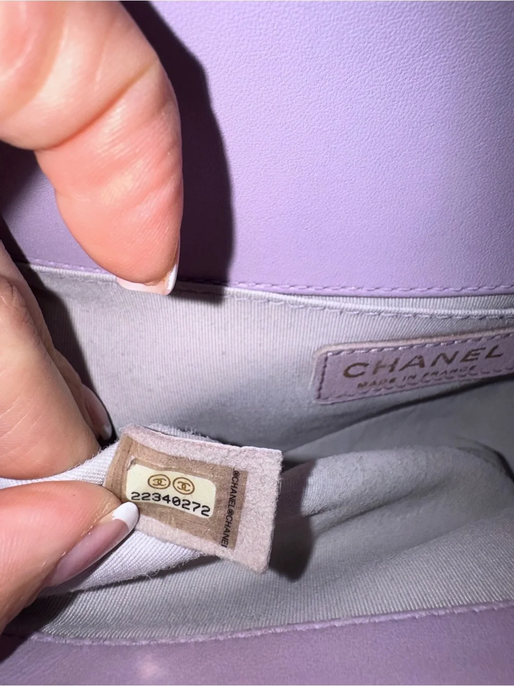 CHANEL Quilted Boy Crossbody Bag in Pale Lilac